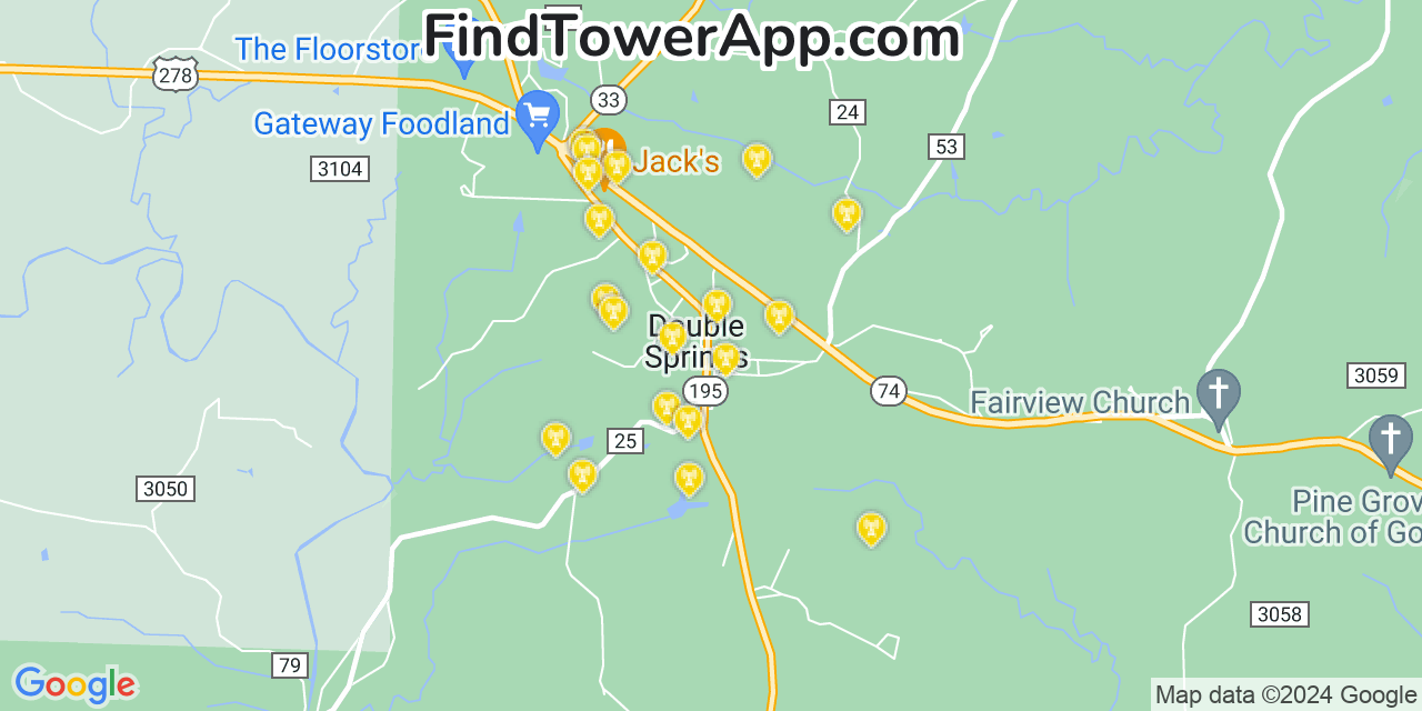 AT&T 4G/5G cell tower coverage map Double Springs, Alabama