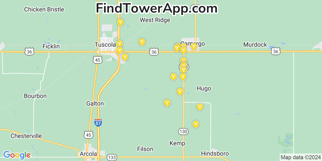 Verizon 4G/5G cell tower coverage map Douglas, Illinois