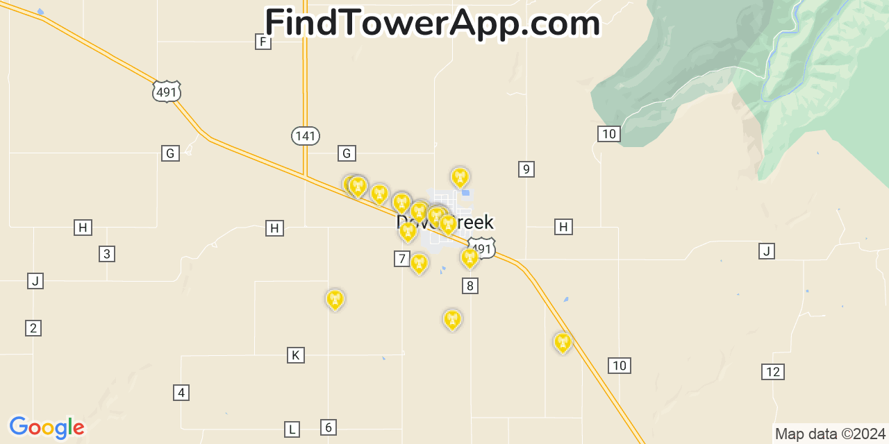 AT&T 4G/5G cell tower coverage map Dove Creek, Colorado