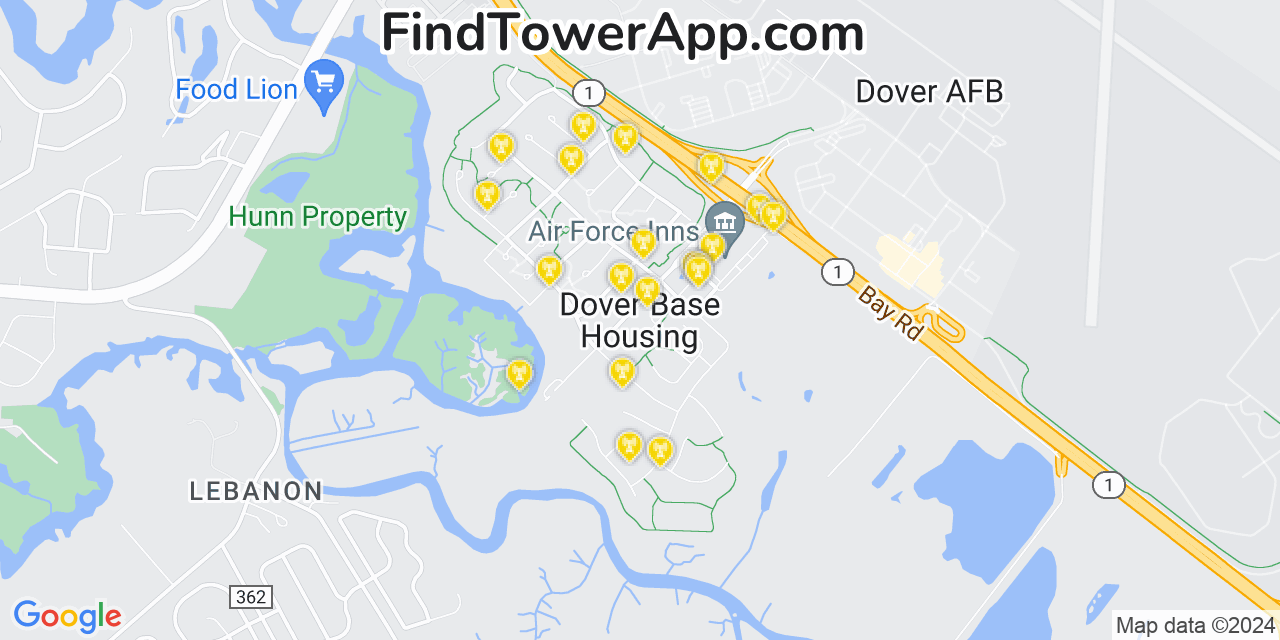 AT&T 4G/5G cell tower coverage map Dover Base Housing, Delaware