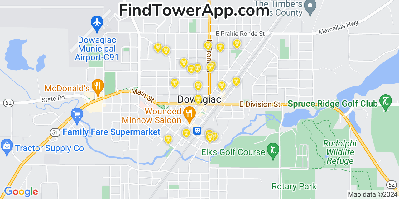 AT&T 4G/5G cell tower coverage map Dowagiac, Michigan