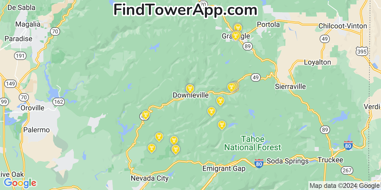 T-Mobile 4G/5G cell tower coverage map Downieville, California