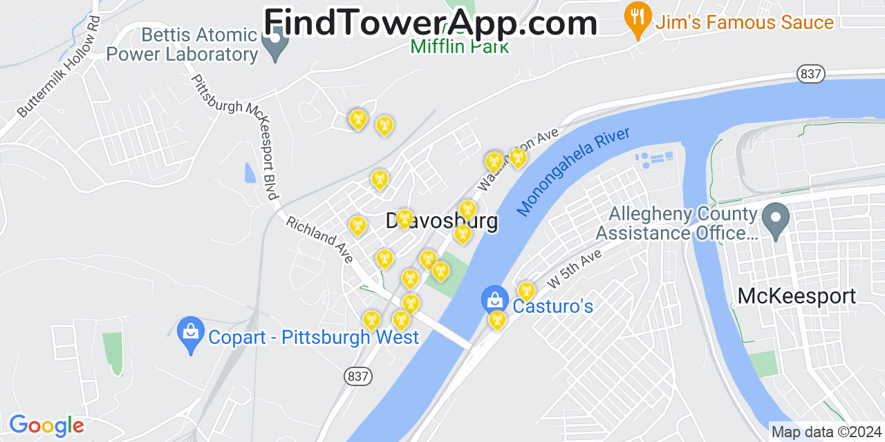 AT&T 4G/5G cell tower coverage map Dravosburg, Pennsylvania