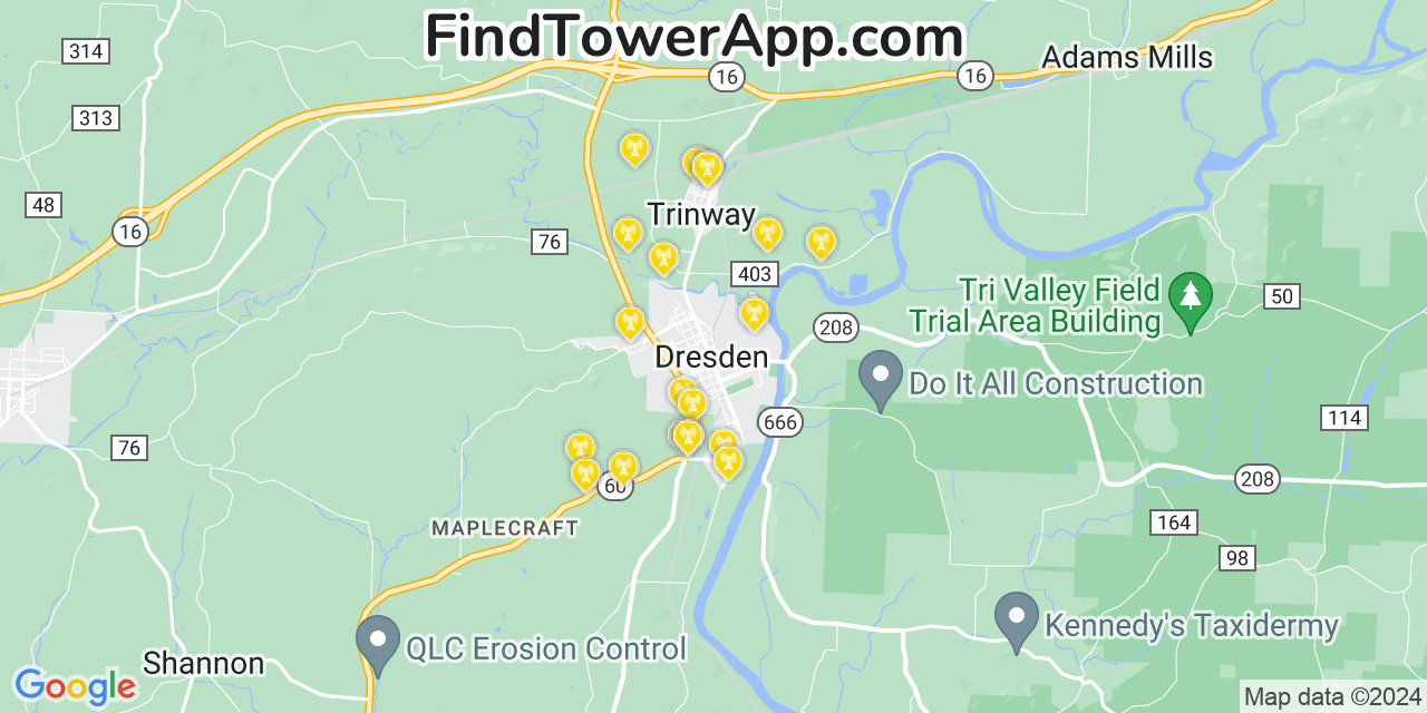 AT&T 4G/5G cell tower coverage map Dresden, Ohio