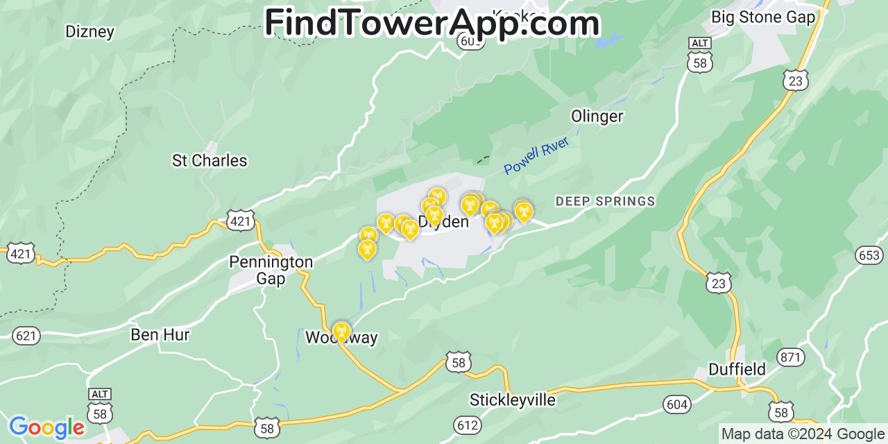 AT&T 4G/5G cell tower coverage map Dryden, Virginia