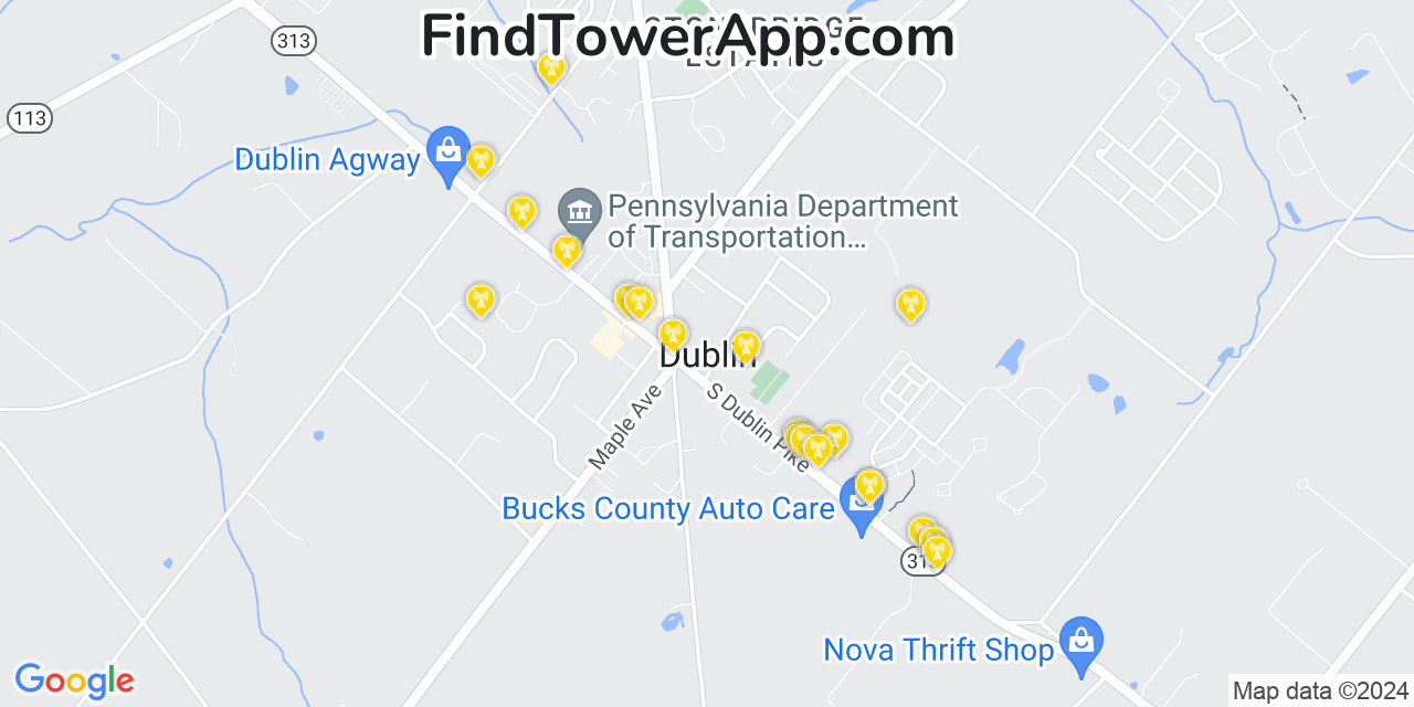 AT&T 4G/5G cell tower coverage map Dublin, Pennsylvania