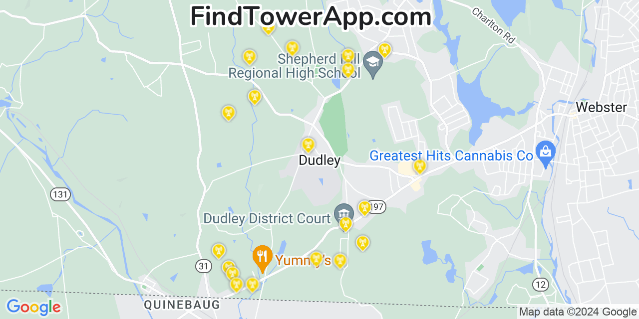 AT&T 4G/5G cell tower coverage map Dudley, Massachusetts
