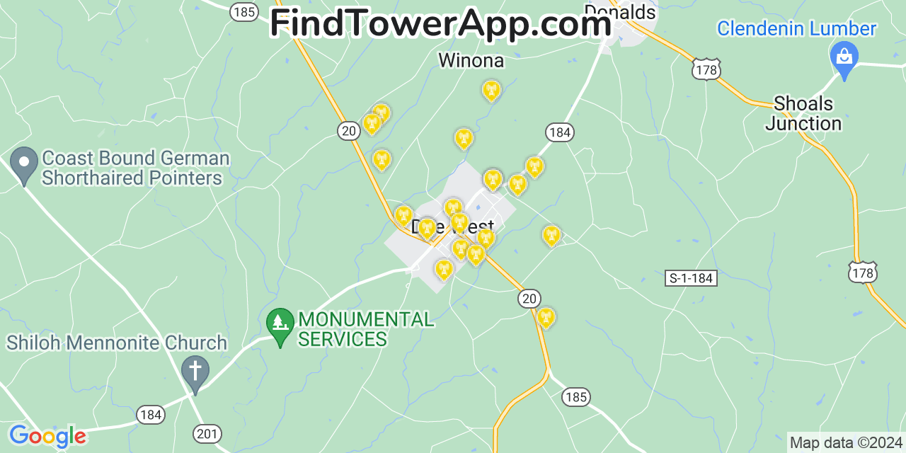 AT&T 4G/5G cell tower coverage map Due West, South Carolina