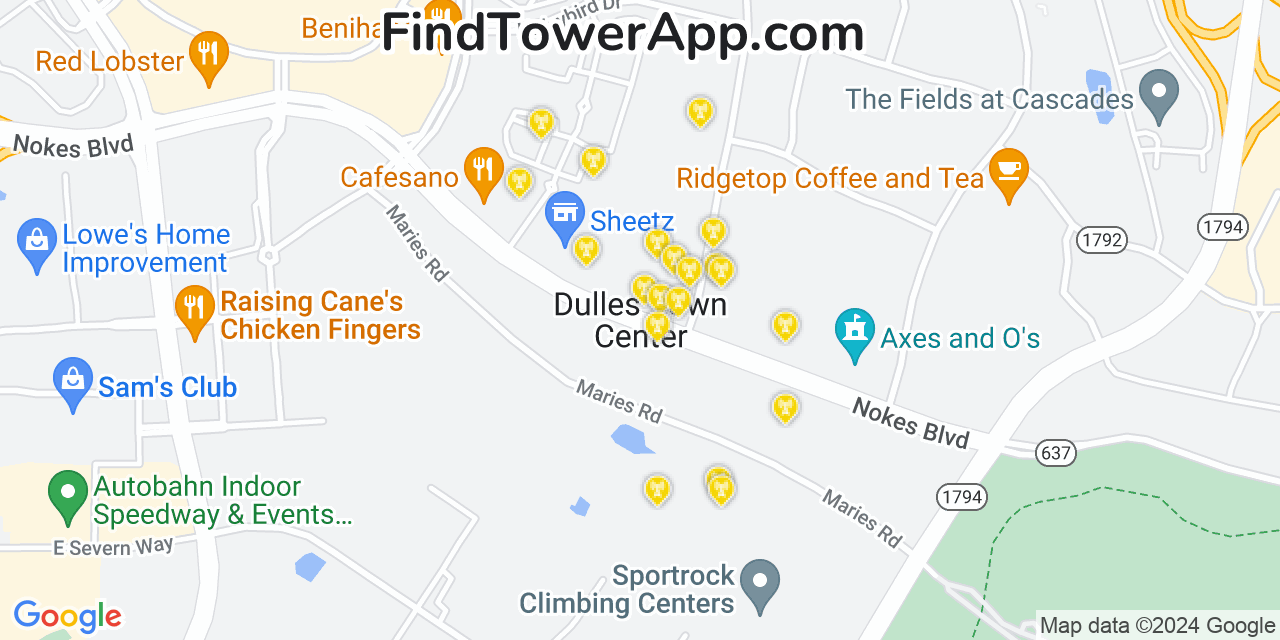 AT&T 4G/5G cell tower coverage map Dulles Town Center, Virginia