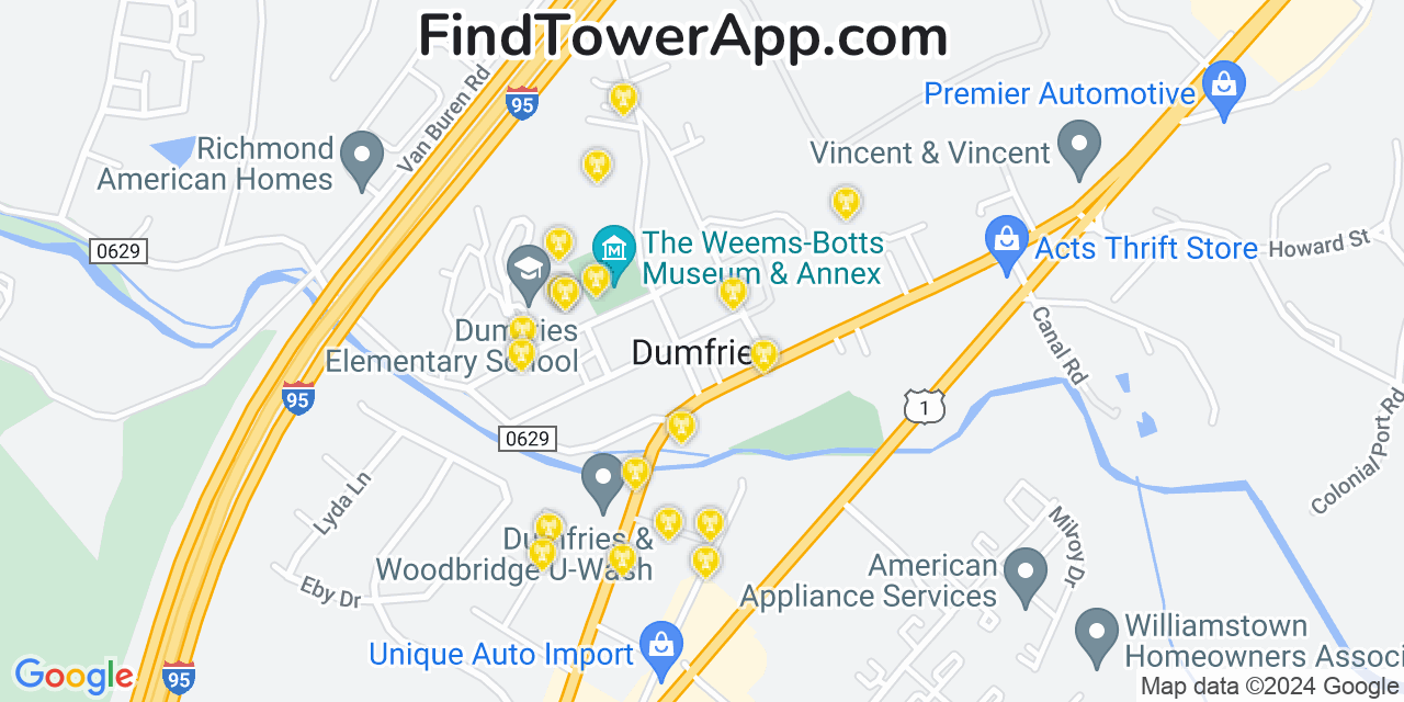AT&T 4G/5G cell tower coverage map Dumfries, Virginia