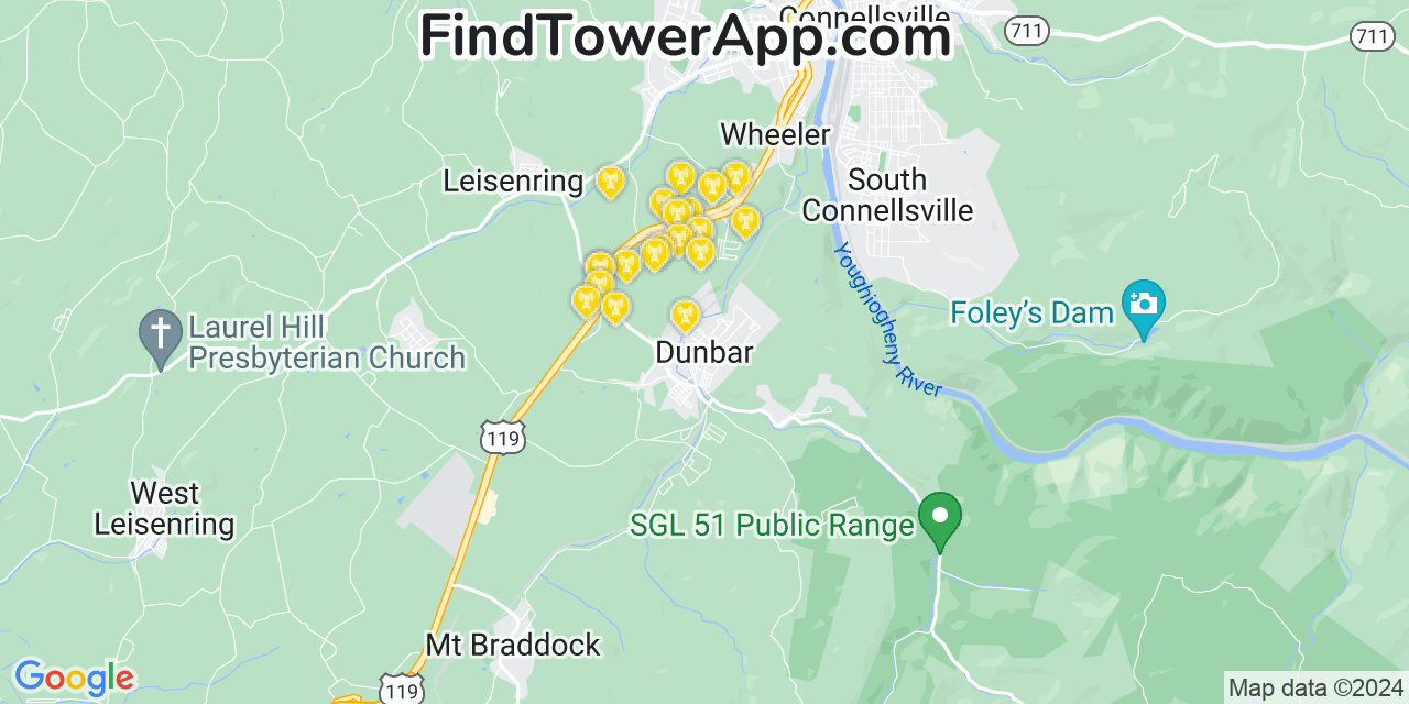 Verizon 4G/5G cell tower coverage map Dunbar, Pennsylvania
