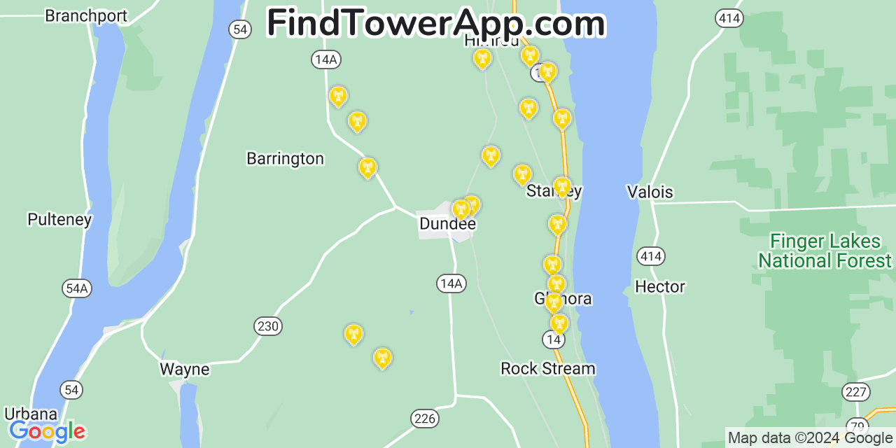 AT&T 4G/5G cell tower coverage map Dundee, New York