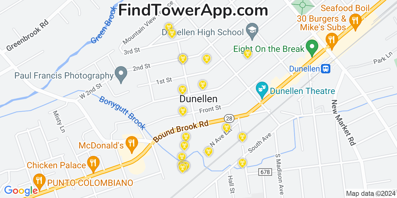 AT&T 4G/5G cell tower coverage map Dunellen, New Jersey