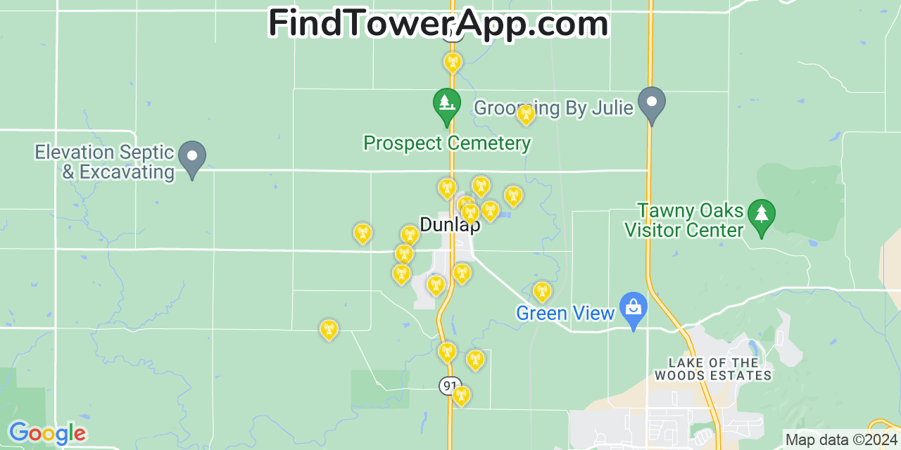 AT&T 4G/5G cell tower coverage map Dunlap, Illinois