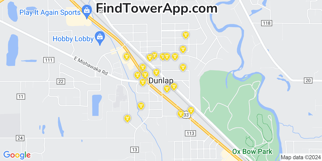 AT&T 4G/5G cell tower coverage map Dunlap, Indiana