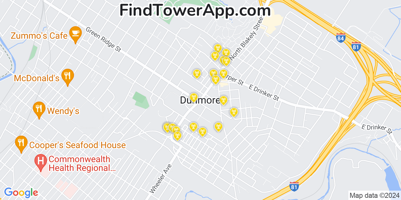 AT&T 4G/5G cell tower coverage map Dunmore, Pennsylvania