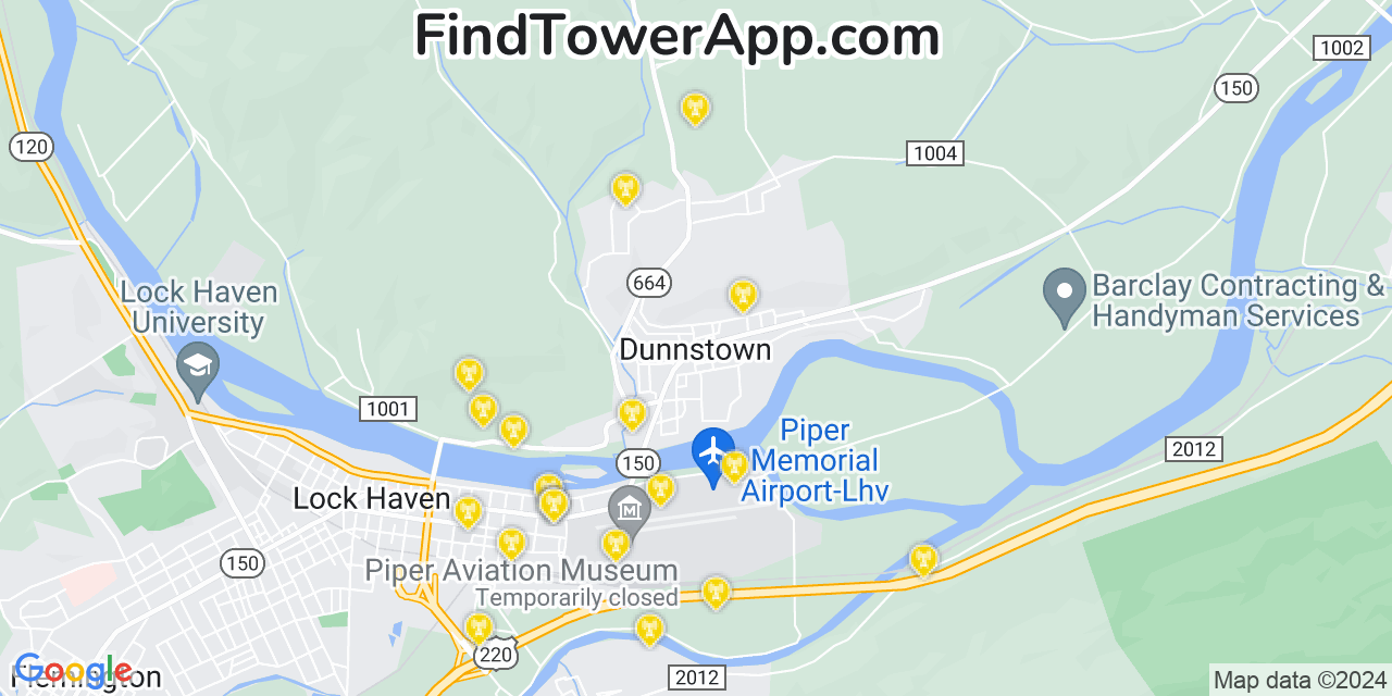 AT&T 4G/5G cell tower coverage map Dunnstown, Pennsylvania