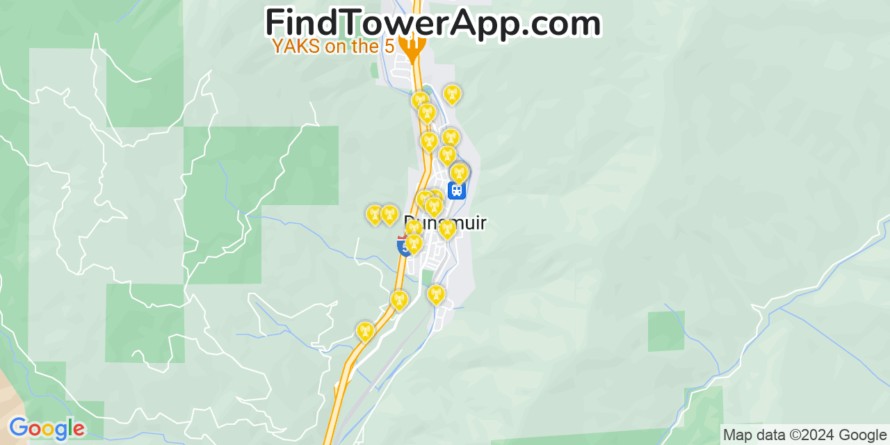 AT&T 4G/5G cell tower coverage map Dunsmuir, California
