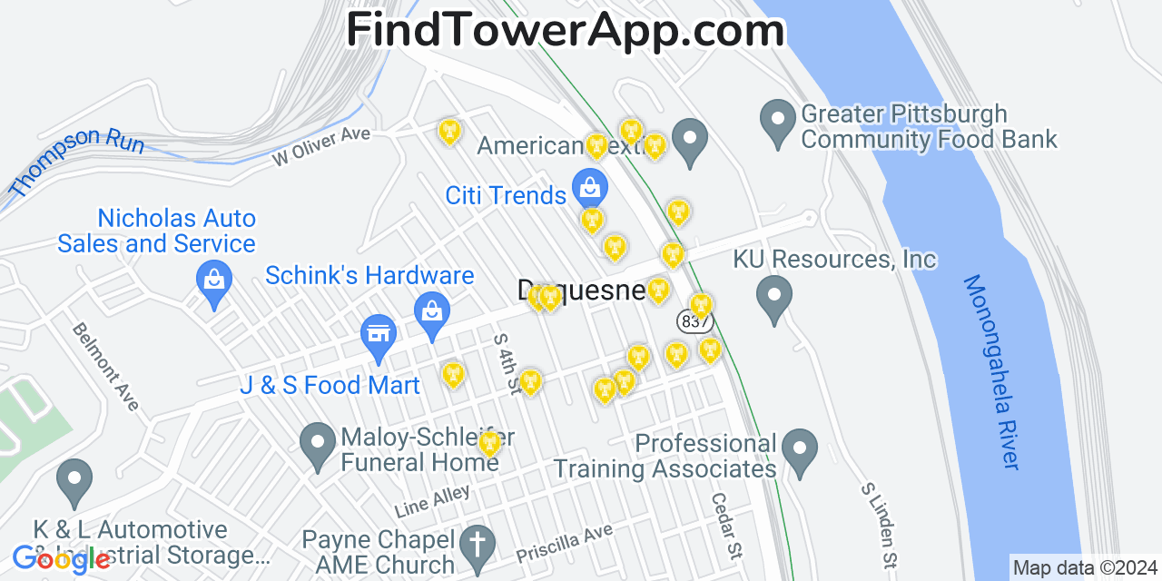 AT&T 4G/5G cell tower coverage map Duquesne, Pennsylvania