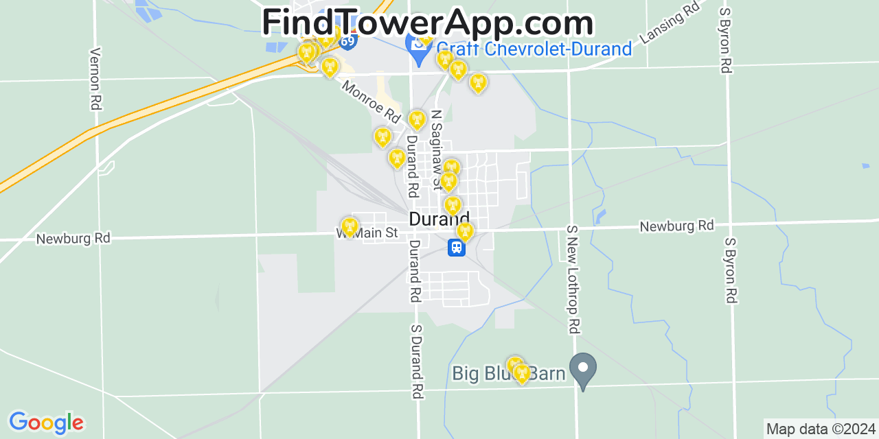 AT&T 4G/5G cell tower coverage map Durand, Michigan