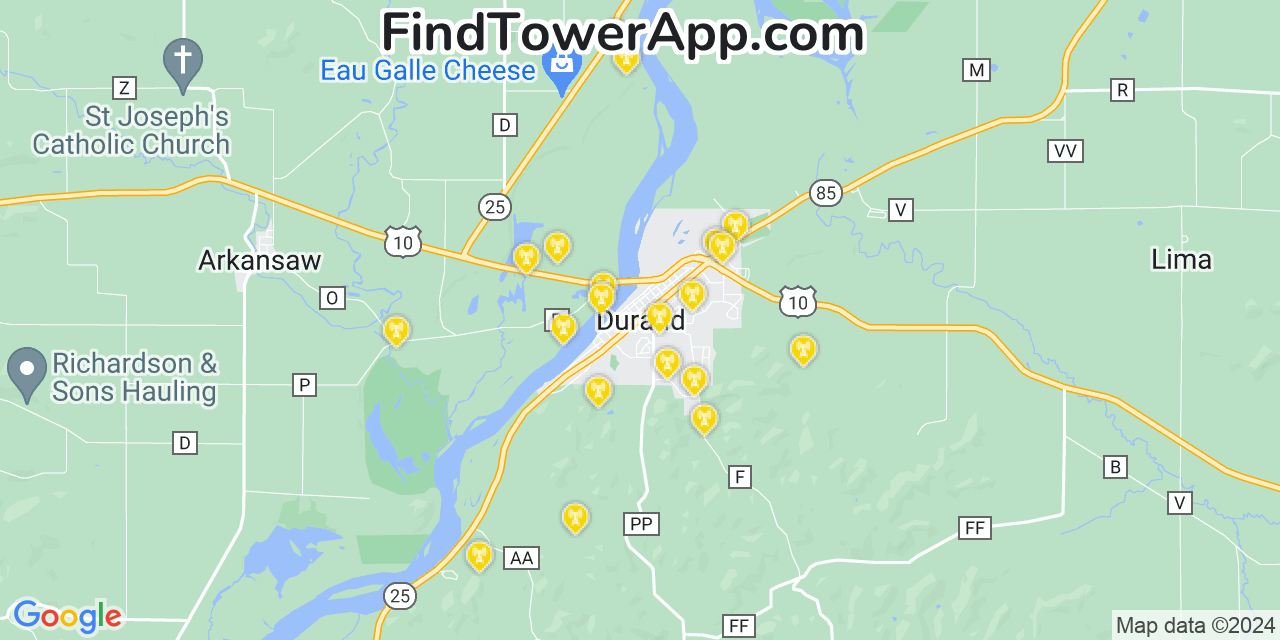 AT&T 4G/5G cell tower coverage map Durand, Wisconsin