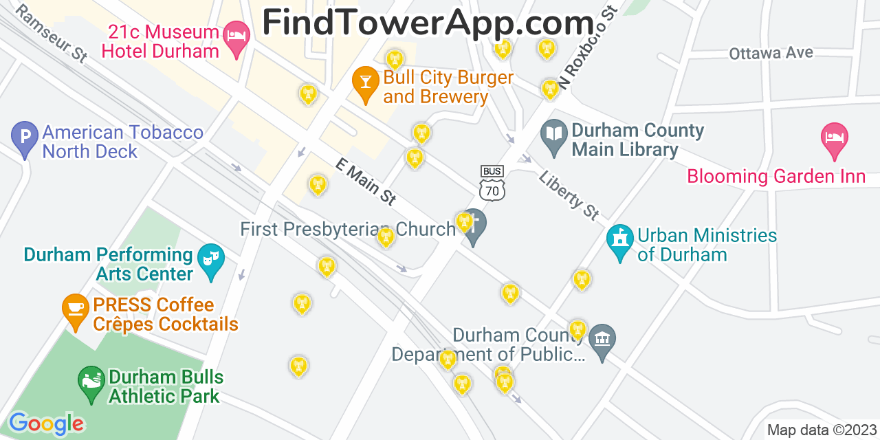 AT&T 4G/5G cell tower coverage map Durham, North Carolina