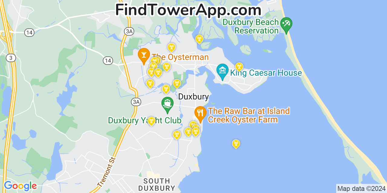Verizon 4G/5G cell tower coverage map Duxbury, Massachusetts