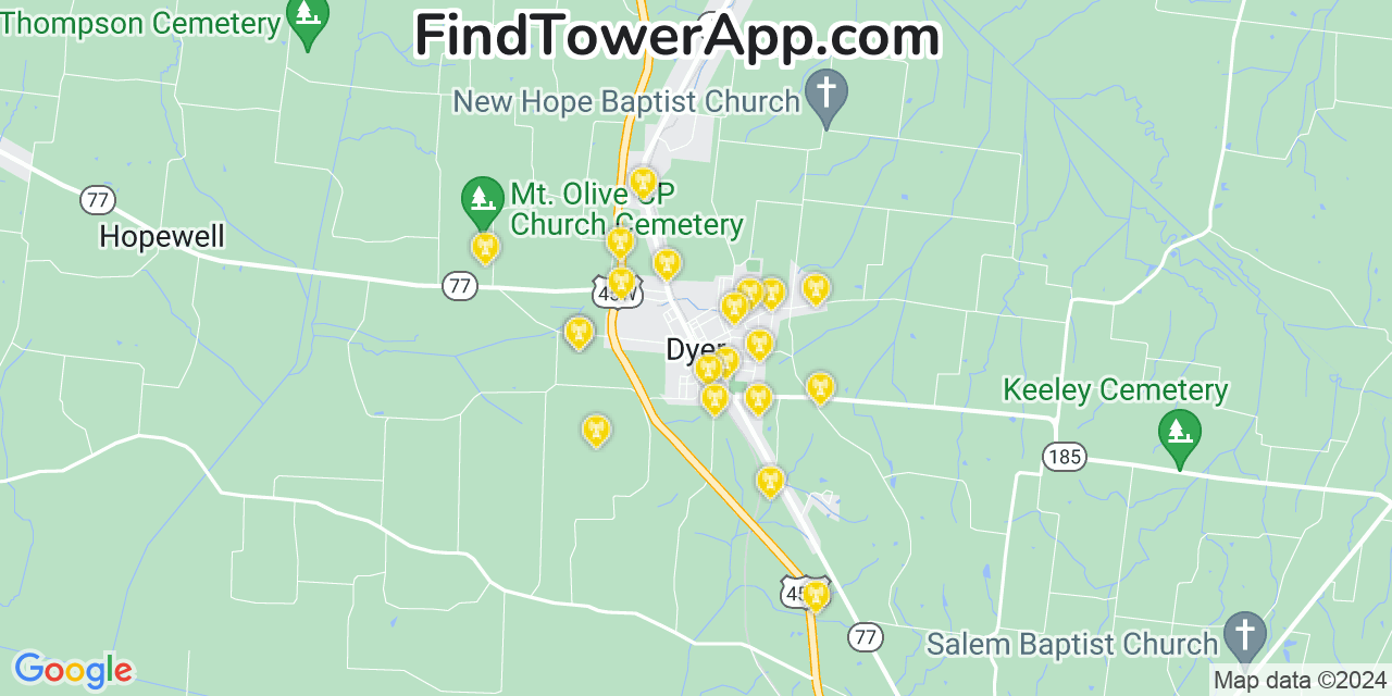 AT&T 4G/5G cell tower coverage map Dyer, Tennessee