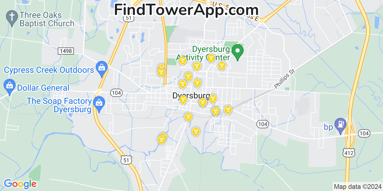 AT&T 4G/5G cell tower coverage map Dyersburg, Tennessee