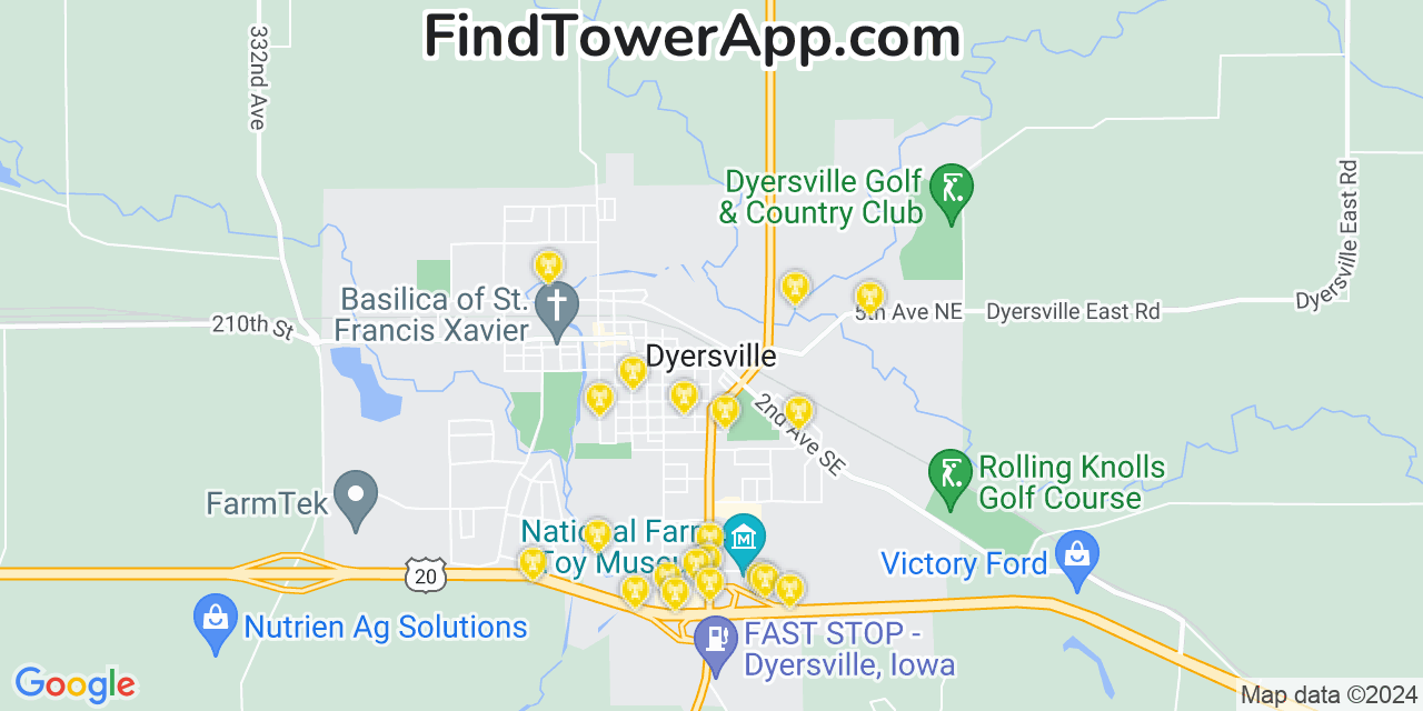 AT&T 4G/5G cell tower coverage map Dyersville, Iowa