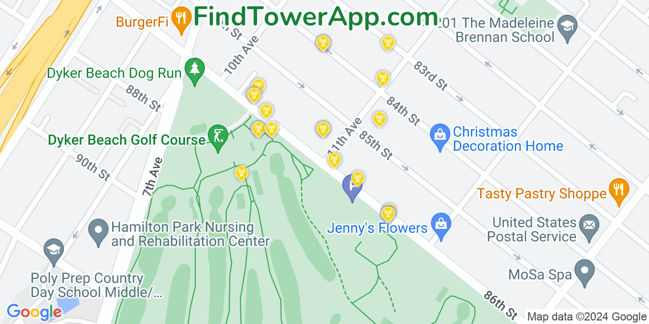 AT&T 4G/5G cell tower coverage map Dyker Heights, New York