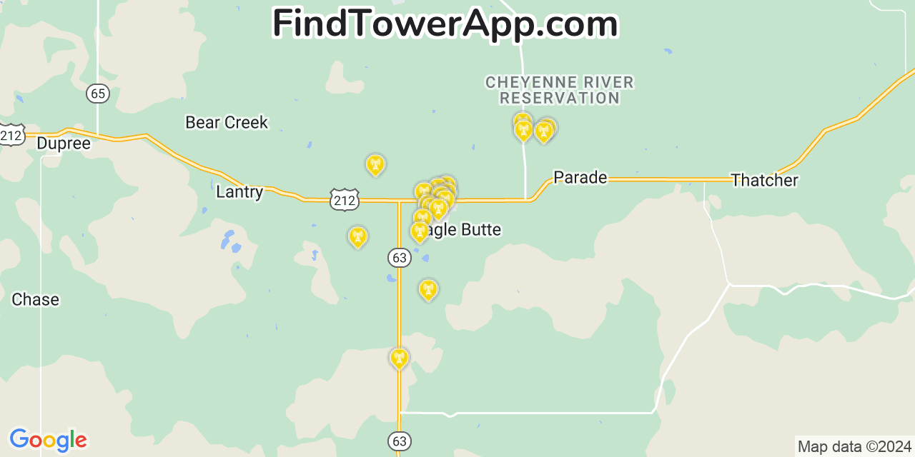 AT&T 4G/5G cell tower coverage map Eagle Butte, South Dakota