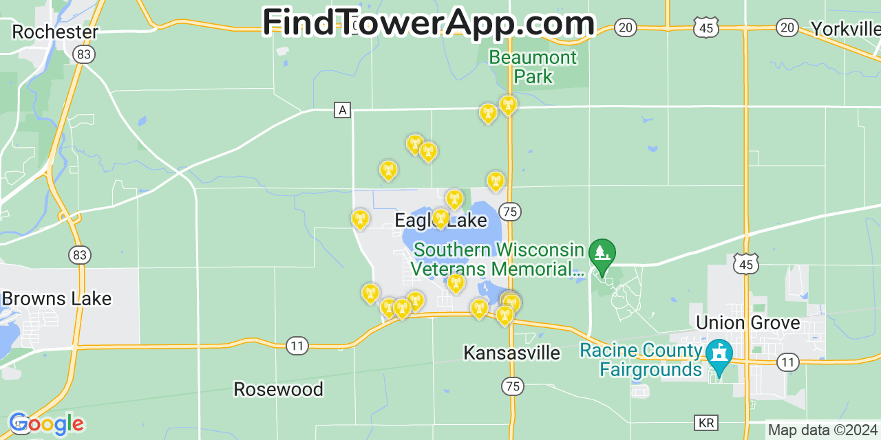 AT&T 4G/5G cell tower coverage map Eagle Lake, Wisconsin