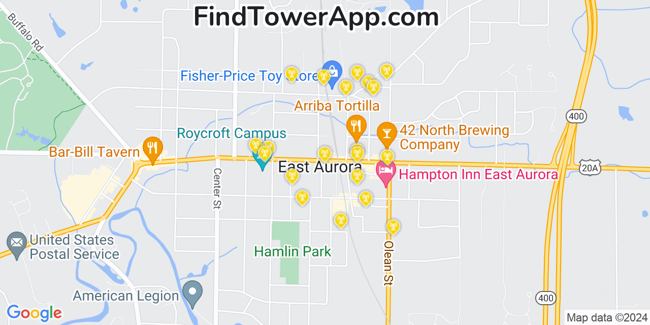 AT&T 4G/5G cell tower coverage map East Aurora, New York