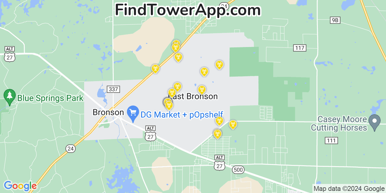 AT&T 4G/5G cell tower coverage map East Bronson, Florida