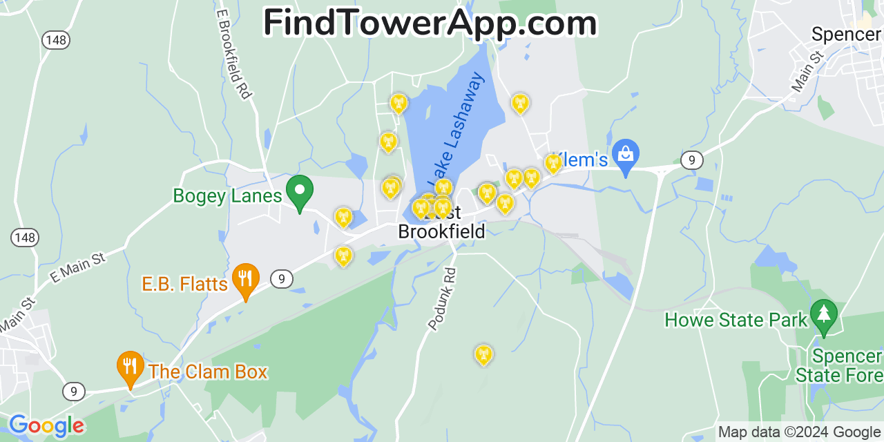 AT&T 4G/5G cell tower coverage map East Brookfield, Massachusetts