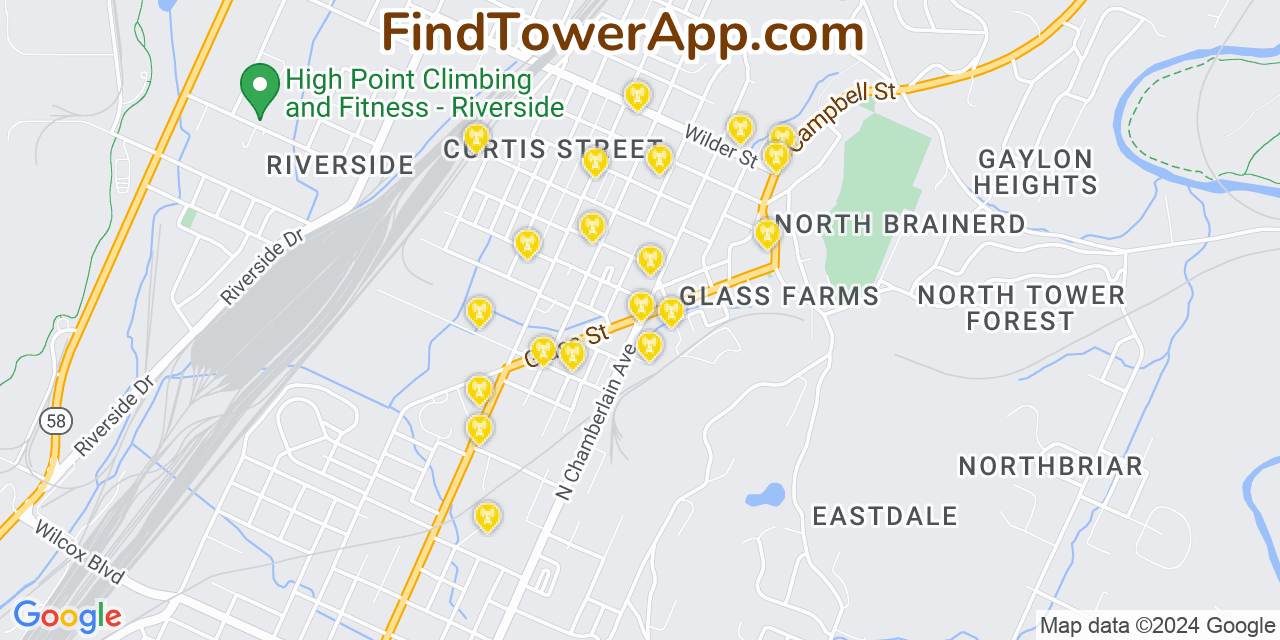 AT&T 4G/5G cell tower coverage map East Chattanooga, Tennessee