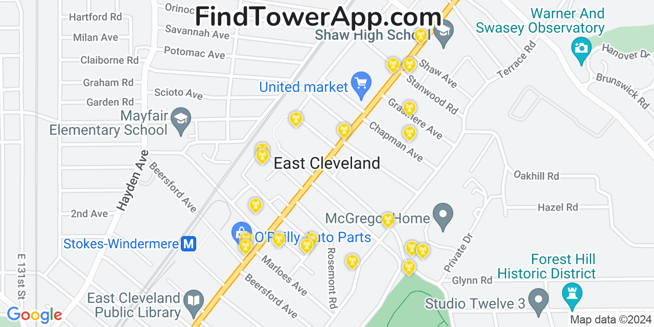AT&T 4G/5G cell tower coverage map East Cleveland, Ohio