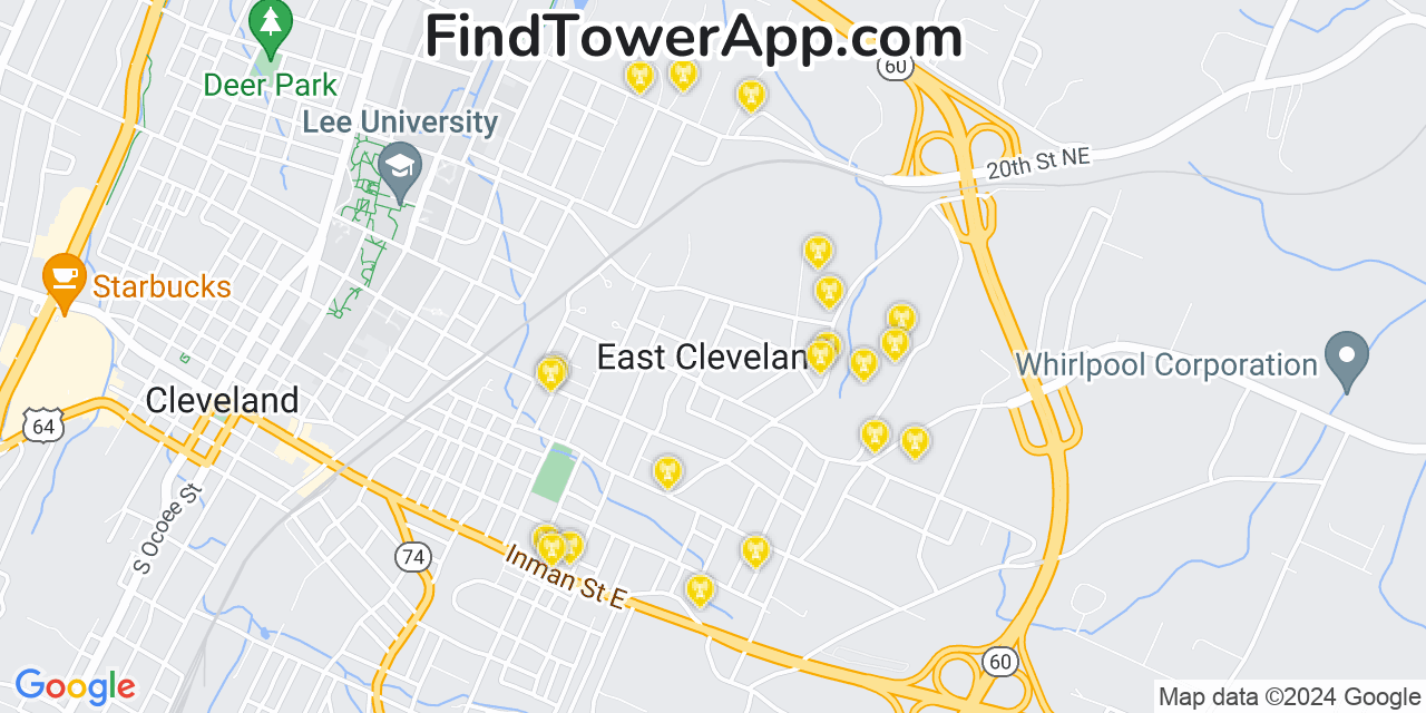 AT&T 4G/5G cell tower coverage map East Cleveland, Tennessee