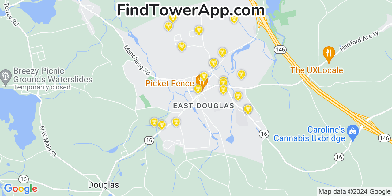 Verizon 4G/5G cell tower coverage map East Douglas, Massachusetts