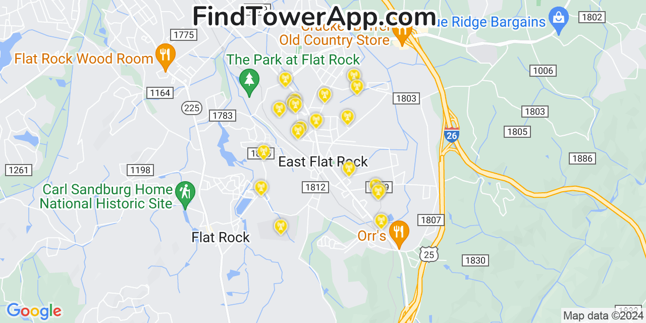 AT&T 4G/5G cell tower coverage map East Flat Rock, North Carolina