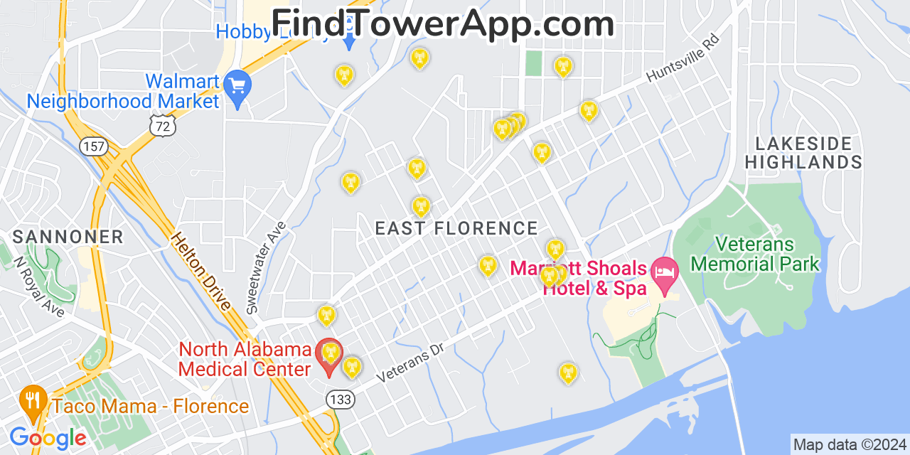T-Mobile 4G/5G cell tower coverage map East Florence, Alabama