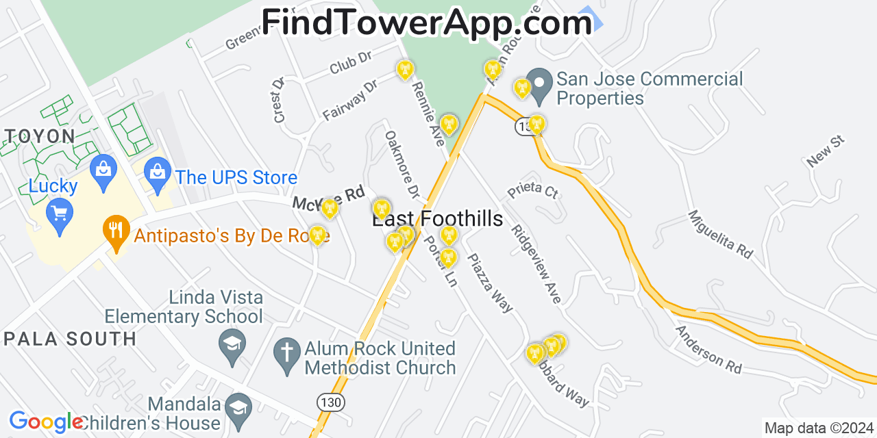 AT&T 4G/5G cell tower coverage map East Foothills, California