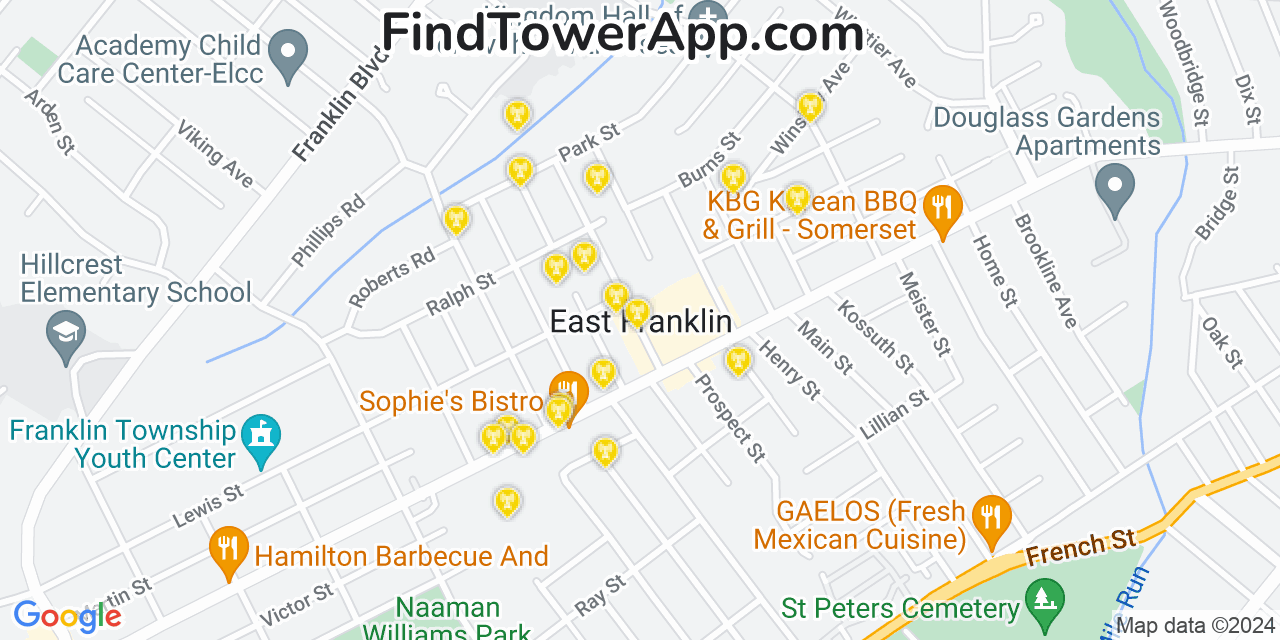 AT&T 4G/5G cell tower coverage map East Franklin, New Jersey