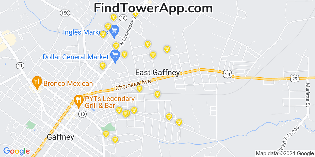 AT&T 4G/5G cell tower coverage map East Gaffney, South Carolina