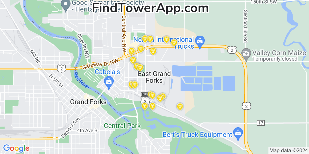 AT&T 4G/5G cell tower coverage map East Grand Forks, Minnesota