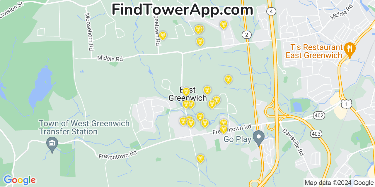 AT&T 4G/5G cell tower coverage map East Greenwich, Rhode Island