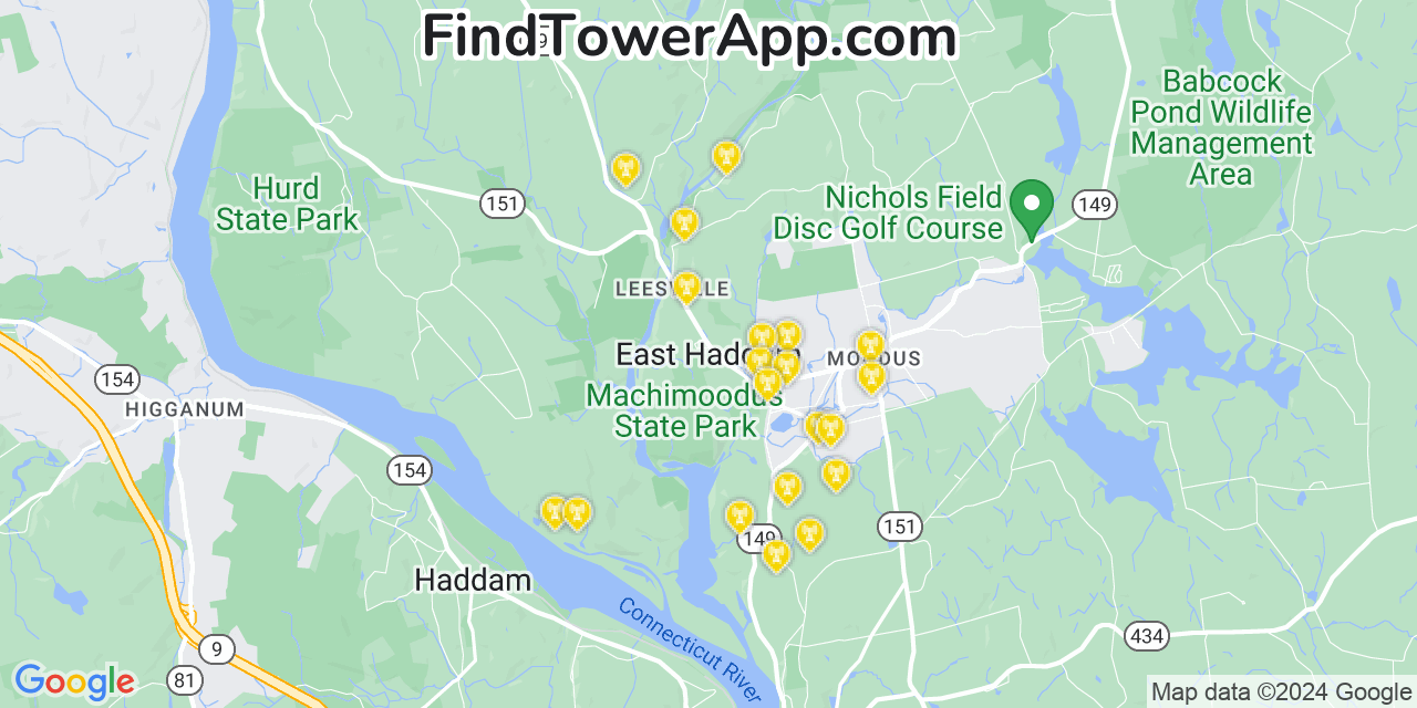 AT&T 4G/5G cell tower coverage map East Haddam, Connecticut