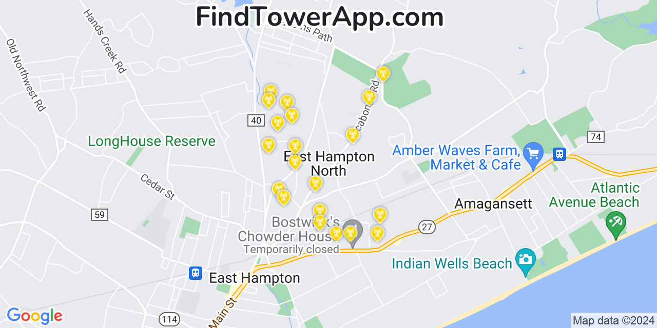 AT&T 4G/5G cell tower coverage map East Hampton North, New York