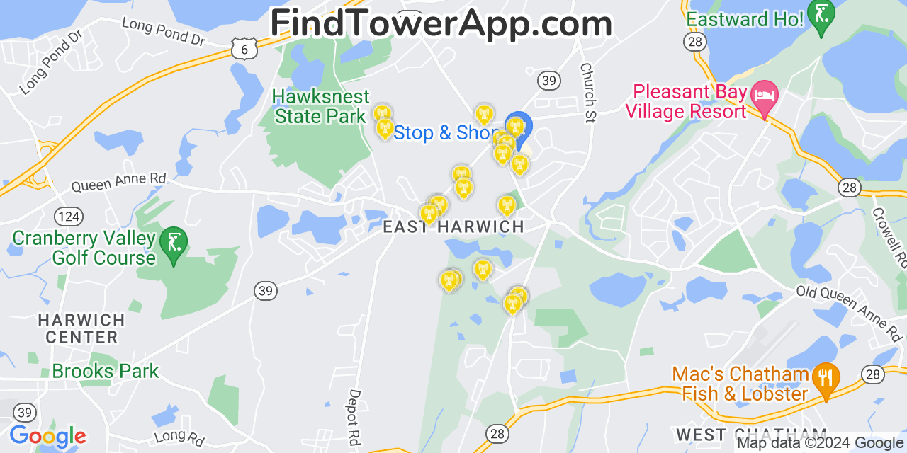 AT&T 4G/5G cell tower coverage map East Harwich, Massachusetts